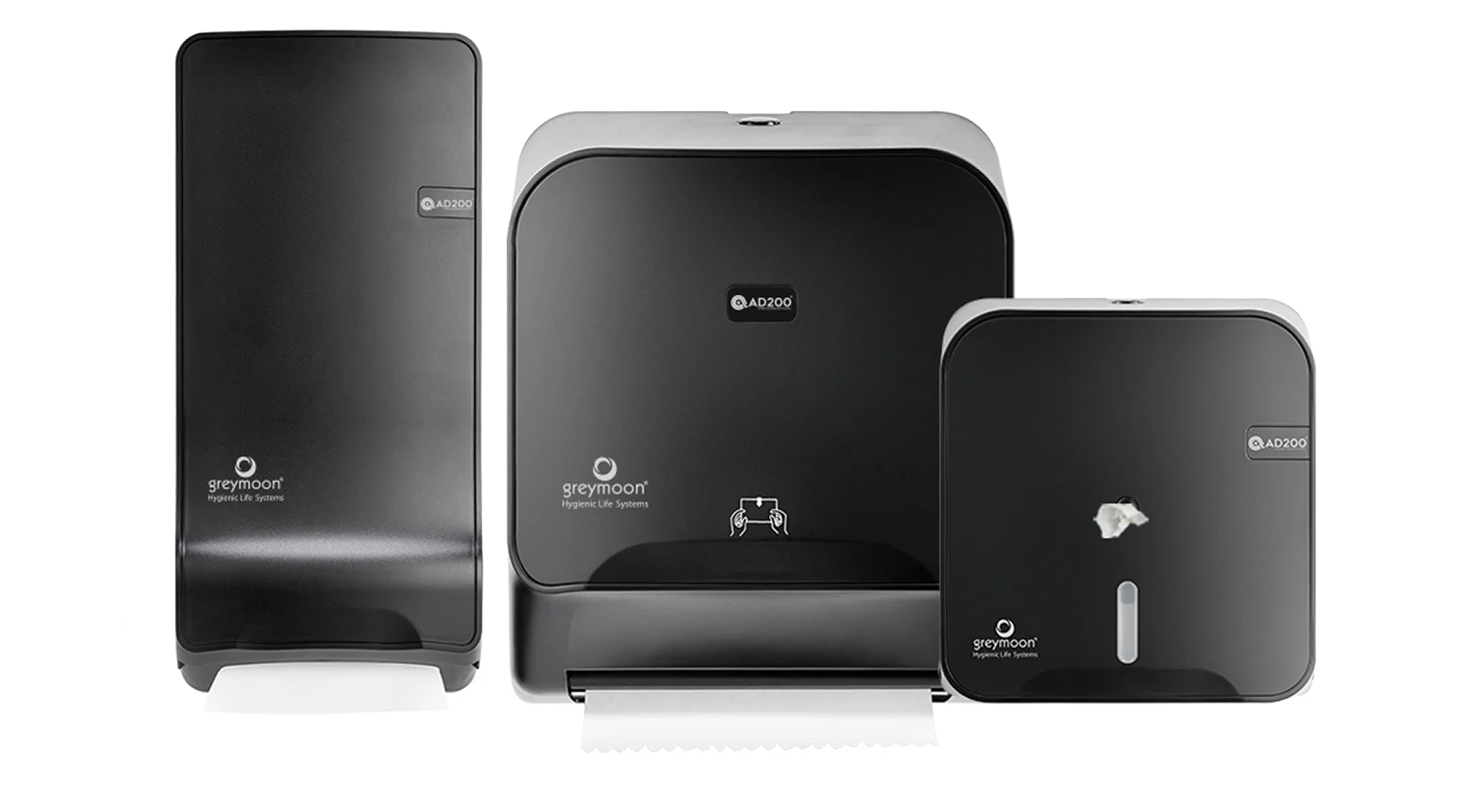 Dispensadores Greymoon AD200 Black para papel higiénico y toallas en baños de alto tráfico