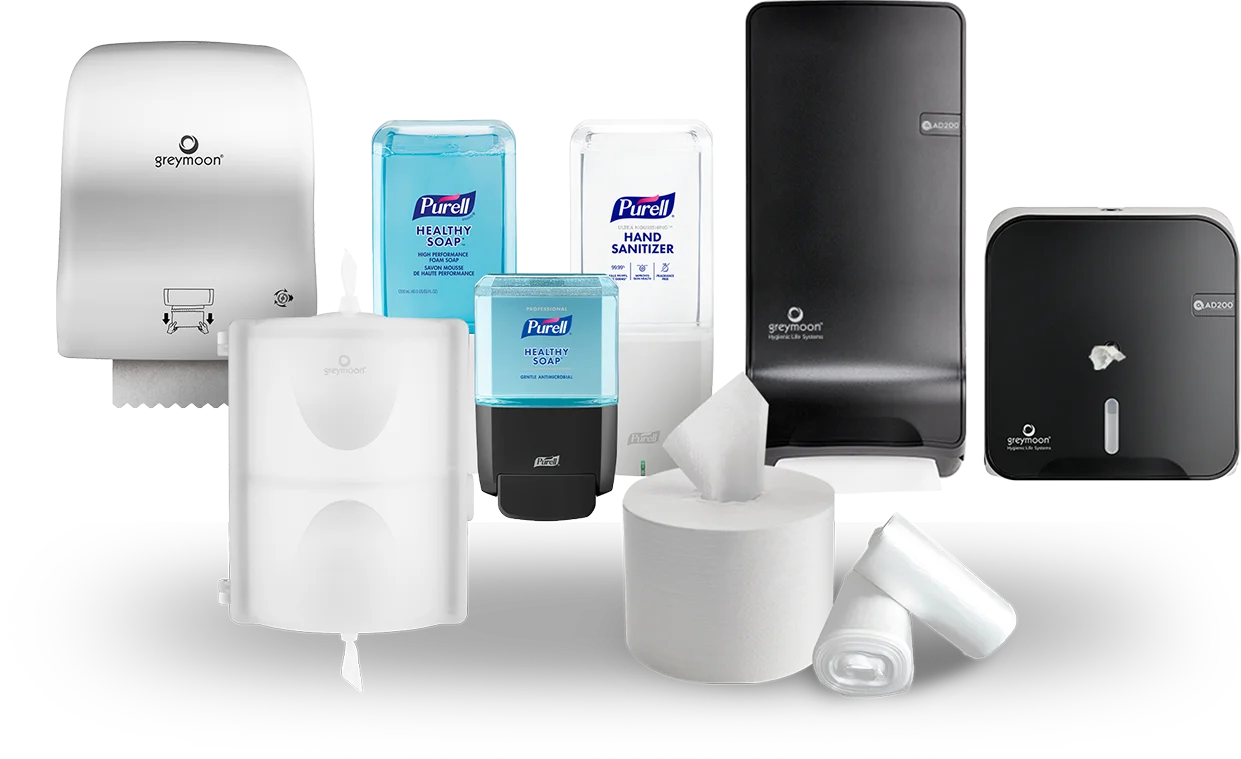 Portafolio Greymoon de despachadores, papel higiénico institucional y soluciones de higiene profesional